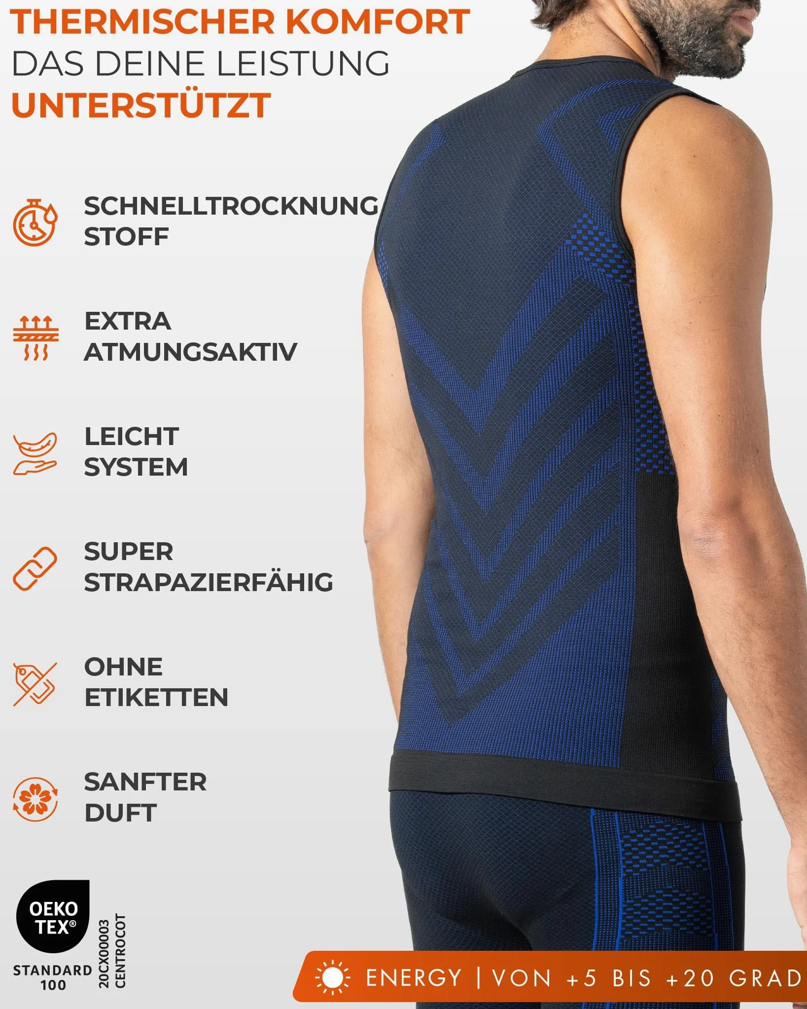 Risalti Thermoshirt Herren Ärmellos Funktionsunterwäsche Herren Energy - Thermo Muskelshirts Herren Elastische, Compression Shirt und atmungsaktive, Nahtloses Herren Unterwäsche - Made in Italy