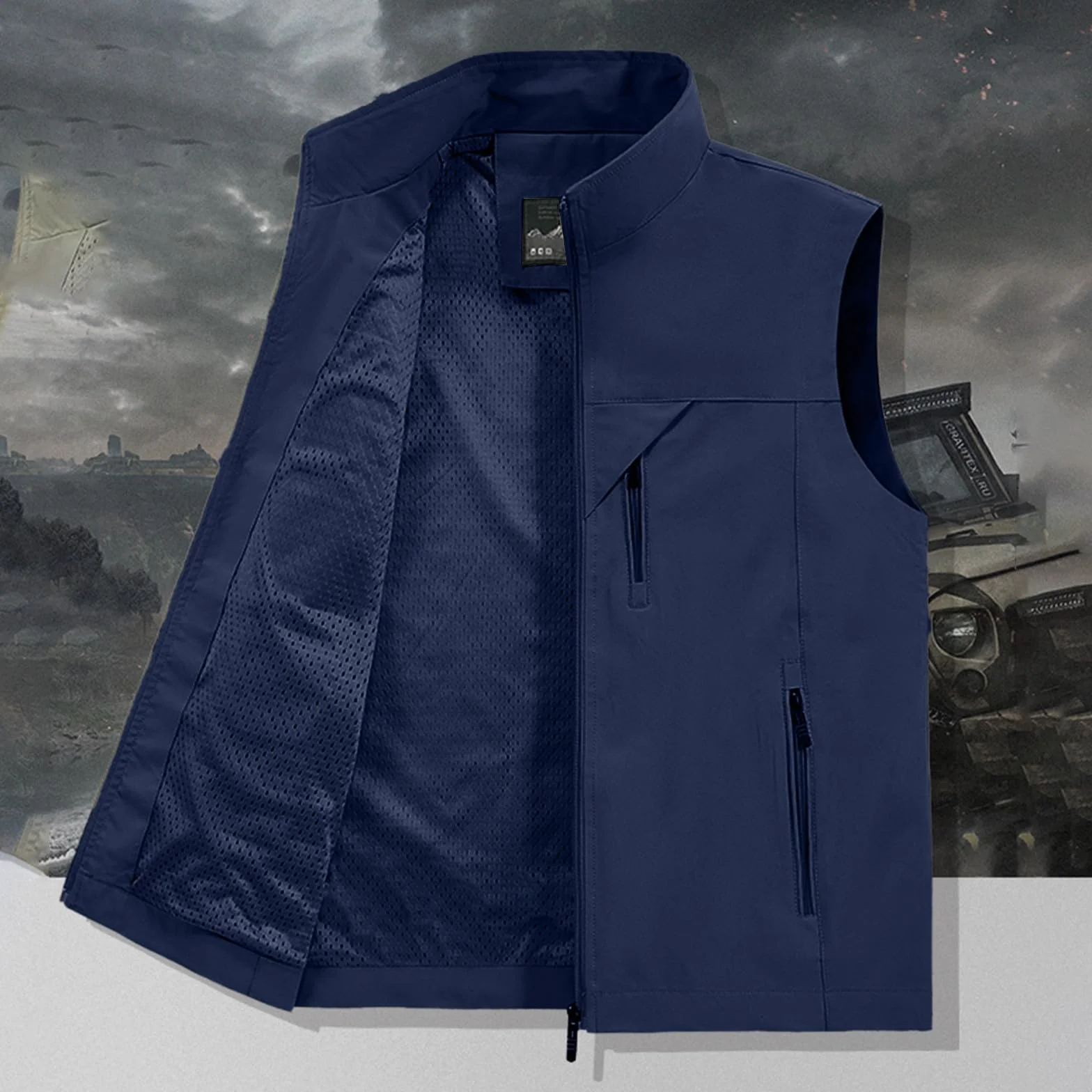 Generisch Weste Herren, Ärmellose Mesh Design Fahrradjacke Große Größen Jacke Übergangsjacke Bequeme Laufweste Mit Taschen Und Reißverschluss Baggy Einfarbig Oberbekleidung Für Camping