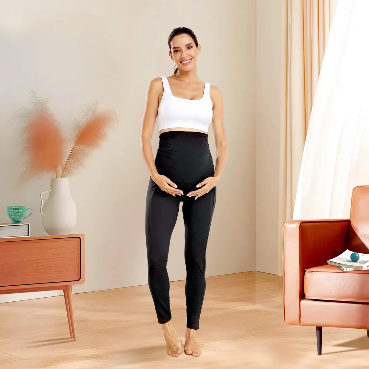 Umstandsleggings mit Taschen Hoher Bund Schwangerschaftsleggings Blickdichte Umstandshose Maternity Leggings für Schwangere Damen Umstandskleidung
