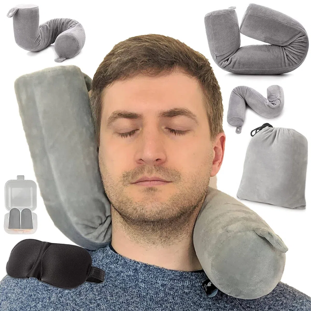 EPROICKS Nackenkissen Flugzeug Verstellbar, Reisekissen Biegsam Auto mit Memory Foam & Flexiblen Stützstäbchen –Formbar für Seitenschläfer, Inkl. Schlafmaske & Ohrstöpsel, Kompakt, Atmungsaktiv（grau）