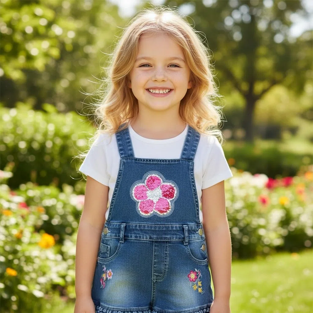 Pecolate 3-8Jahre Mädchen Overall Strampler Pailletten Elastisch Denim Latzhose Overalls Floret Stickerei Hosenträger Shorts Jeanshose