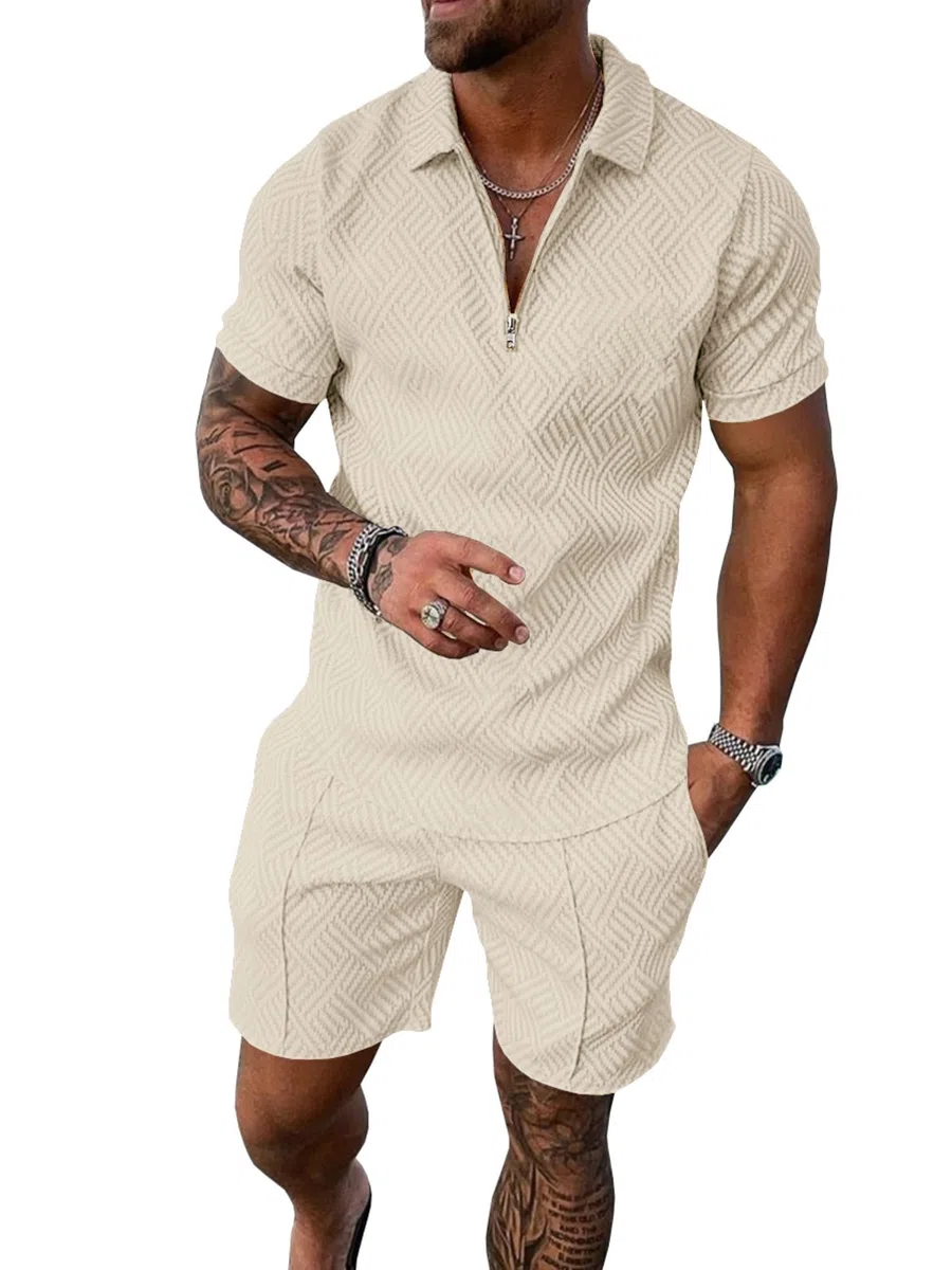 UOUA Herren 2-teiliges Sommer-Set Polo mit Viertelreißverschluss & Shorts Trainingsanzug Golf