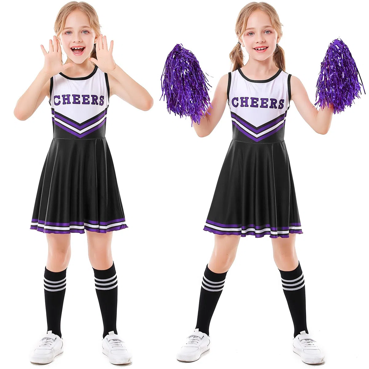 Kinder Mädchen Halloween Cheerleader Kleid Cheerleading Outfit Cheer Uniform Kleidung Sets + Pom Poms + Tube Socken 3-12Y