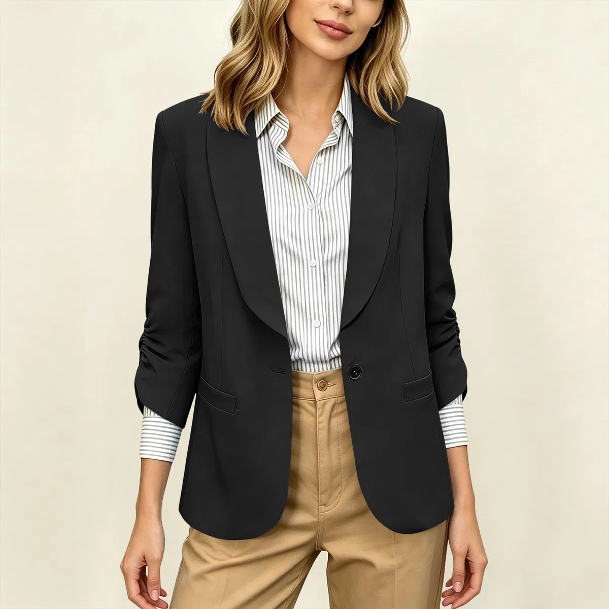 RLEHJN Damen Blazer,Lange Casual Open Front Gefütterte Blazer Arbeit Büro Jacken mit Taschen Sportlich Elegant Blazerjacke Casual Blazer Jacket Übergangsjacke Business Casual Outfits Für Die Arbeit