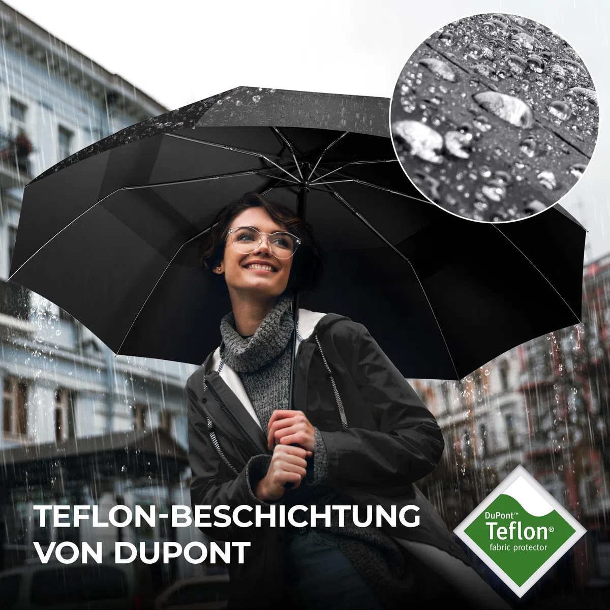 Regenschirm Taschenschirm Sturmfest + Auf-Zu Automatik & Schirm-Tasche, Schwarz | Herren Damen Reiseschirm - Kompakt Stabil, Teflon Wind- & Regen- Dicht | Taschenregenschirm Golfschirm Umbrella