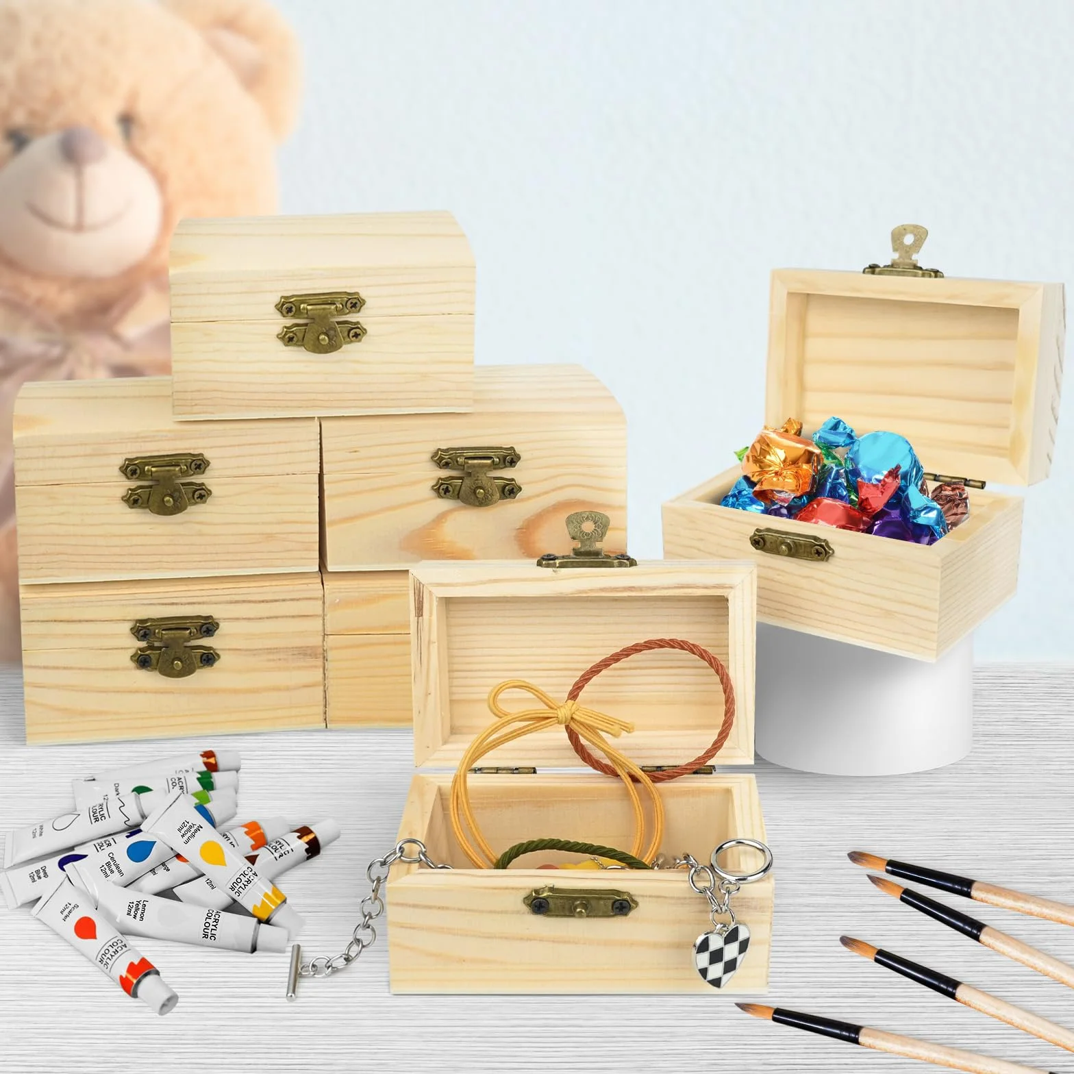 10 Stück Klein Unfertige Hölzernes Schatztruhe Box (9x5x4,5cm) Mini Holz Schatzkiste mit Verschluss für DIY Kunsthandwerk und Party Favor