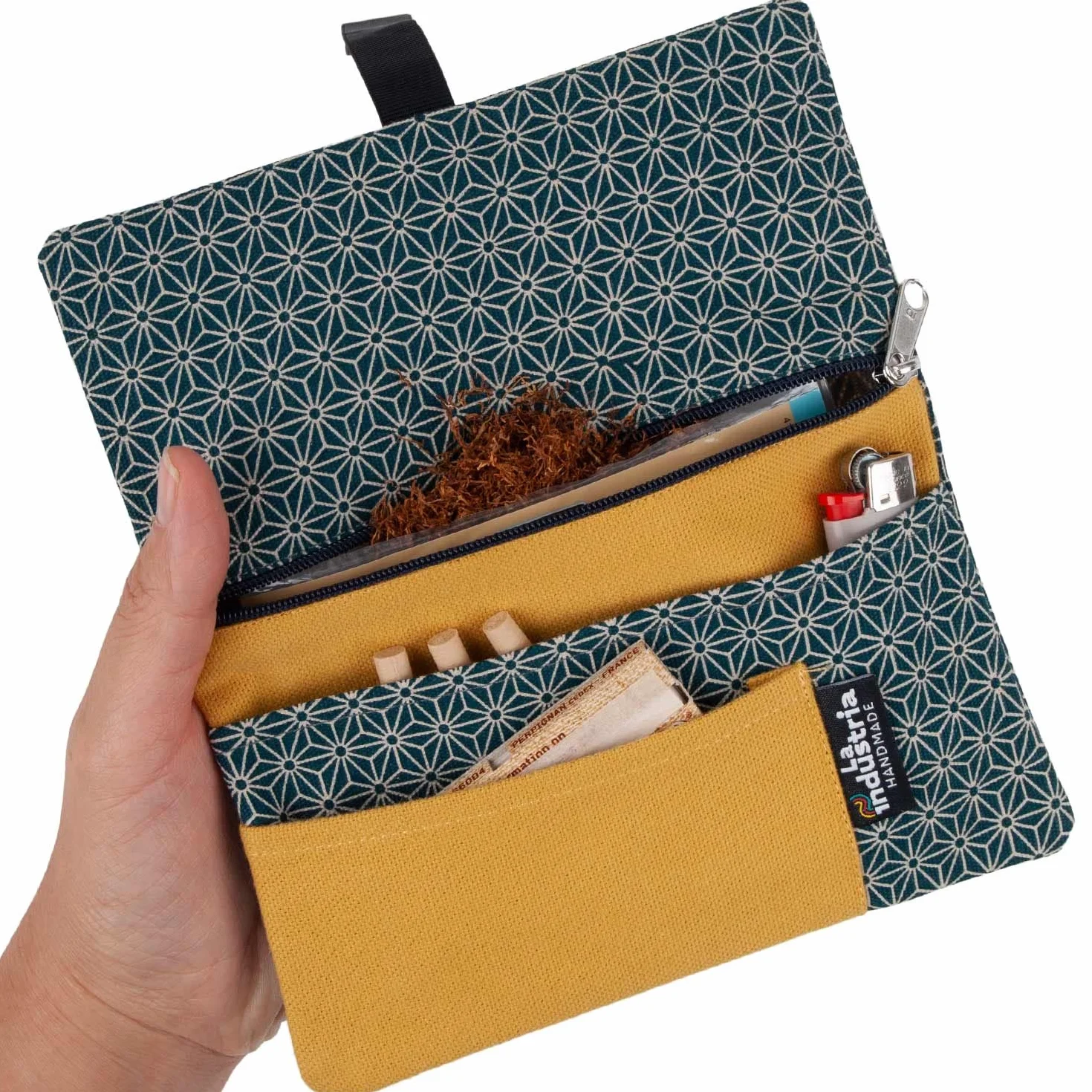 Tabaktasche aus Bio-Baumwolle - Tabakbeutel mit Filterfach, Blättchen & Feuerzeug MAKI