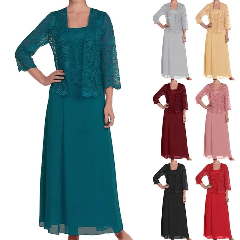 Zweiteiler Damen Elegant Festlich Lang Abendgarderobe Kleid Hochzeit Tüll Spitze Bolero und Abendkleid 2 Teiler Set Abendmode Outfit Kleider Anzug