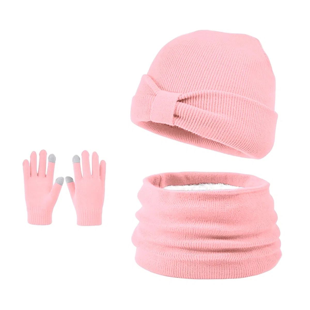 Enwokran 3 Stück Kinder Wintermützen Handschuhe Schal Set Beanie Mütze Knoten-Bogen Warme Gestrickte Touchscreen-Handschuhe Loop Schlauchschal für Jungen Mädchen 3-8 Jahre Outdoor Aktivitäten