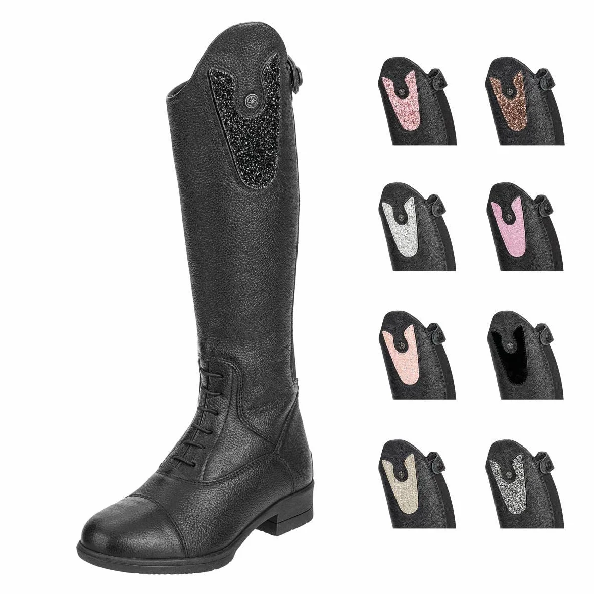 SUEDWIND FOOTWEAR Kinder-Reitstiefel aus Leder Nova Kids Fun Leather – Stiefel zum Reiten – Derby-Schnürung, Reißverschluss, Komfort-Innensohle & auswechselbare Patches – schwarz – 35-41