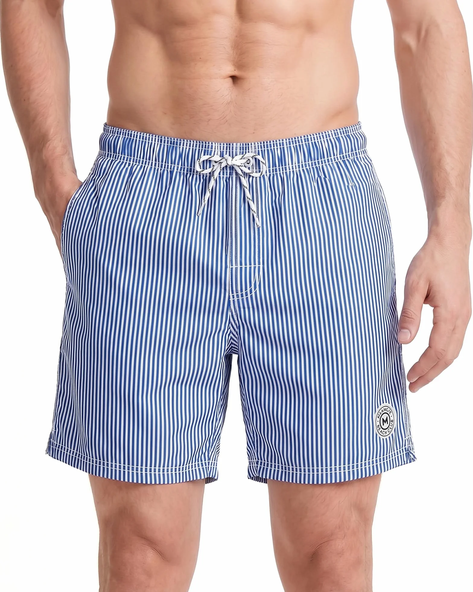 MaaMgic Badehose Herren Badeshorts Männer 18cm Innenlänge Badehosen Für Herren Schnelltrocknend Boardshorts Surfen Strandhose Mit Mesh-Futter Blau Gestreift S