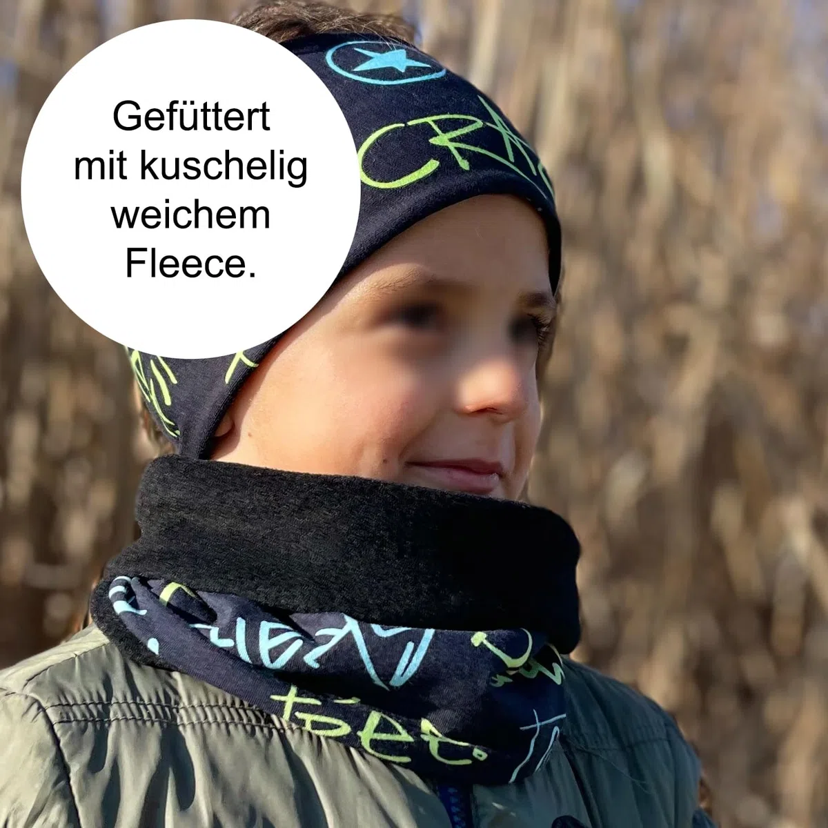 Wollhuhn Öko Mädchen/Jungen/Kinder Warmer Schlupfschal/Halstuch Innen Fleece Gefüttert Viele Motive Winter Übergangszeiten (aus Öko-Stoffen)