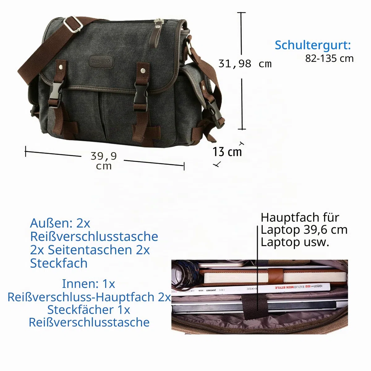 Vintage Canvas Messenger Bag Große Buch Laptop Umhängetasche