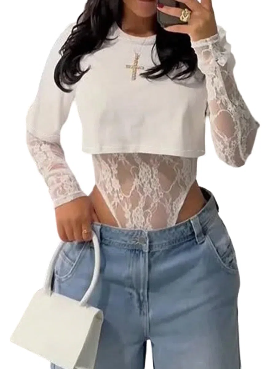 GORGLITTER Damen Y2k Body 2 in 1 Bodys mit Spitze Rundhal Bodysuits Spitzenbody mit Kurzarm Partybody Rave Outfits