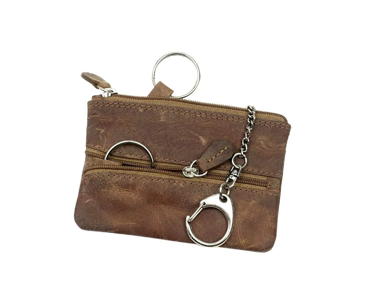 Schlüsseltasche Leder braun Schlüsseletui Leder Schlüsselmäppchen Büffel braun für Damen und Herren + Karabiner und 2 Schlüsselringe + Münzfach
