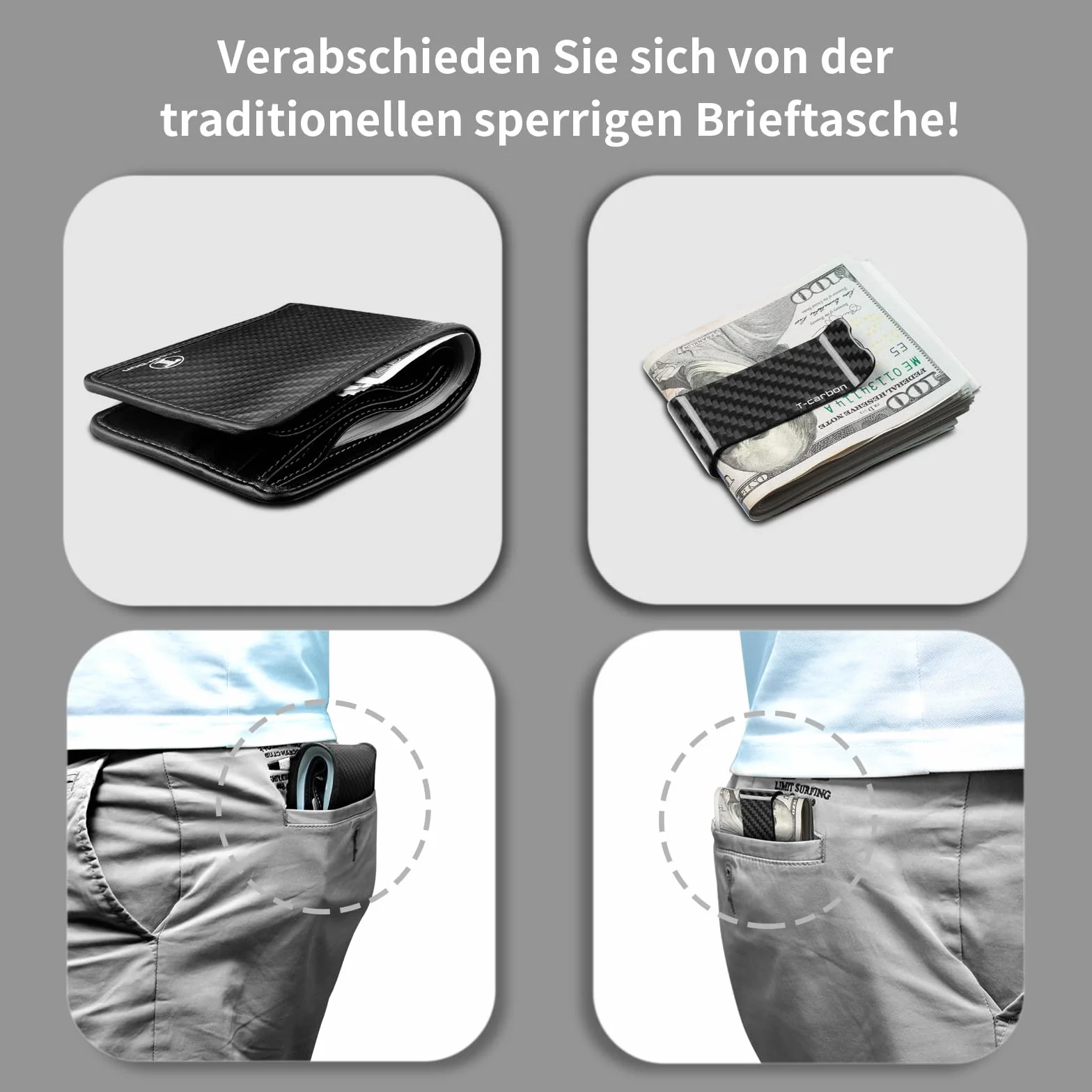 T-carbon-Echte Kohlefaser Geldklammer-Tragbare einfache Geldscheinklammer-Geldklammer für Männer-Carbon Fiber Money Clip Kreditkartenetui Banknotenetui Namenskartenetui（Glossy Schwarz）