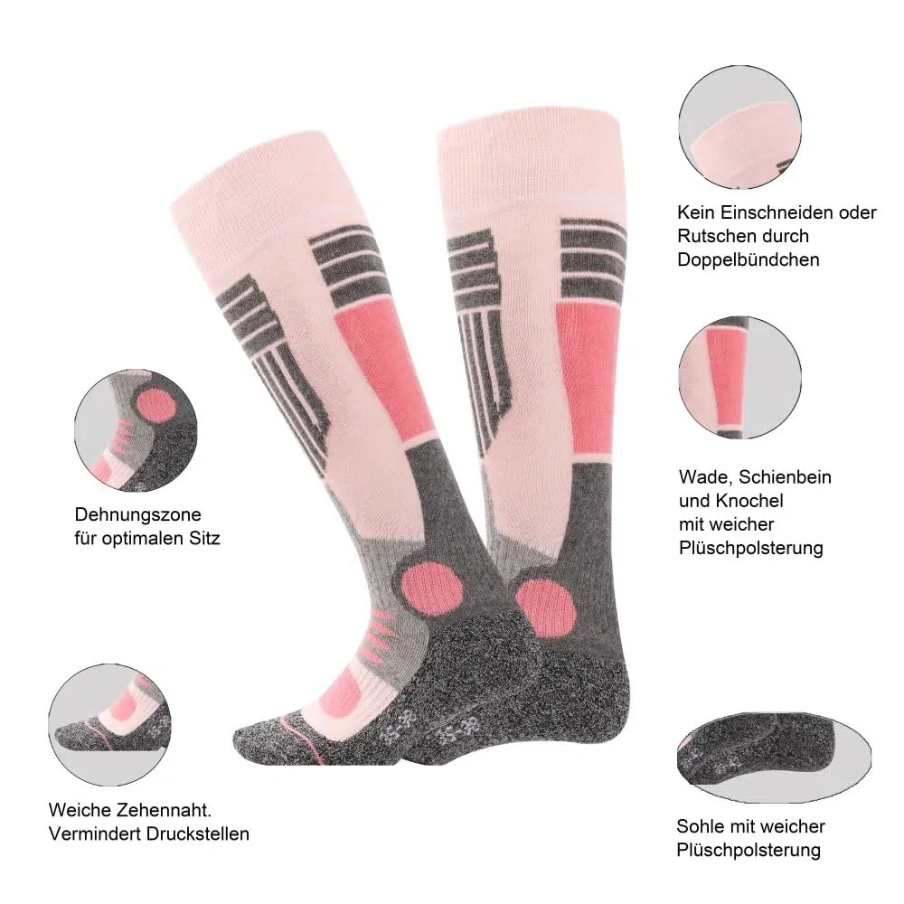 Palleon 4 Paar Damen Skisocken | Thermo Wintersocken mit Polsterung | Warme Kniestrümpfe für Ski, Snowboard, Langlauf & Outdoor