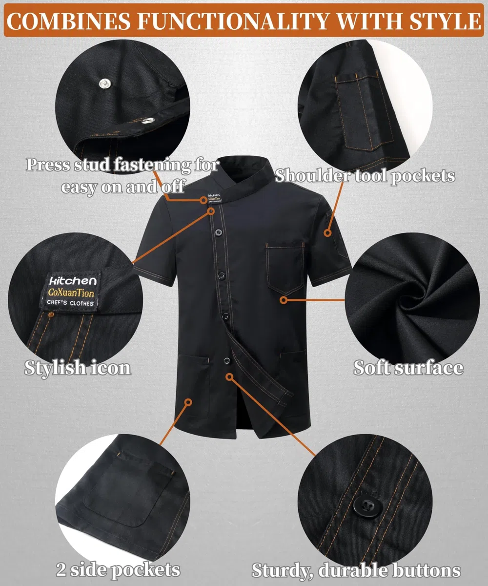 Herren Kochjacke Kurzarm Slim Fit Kochbekleidung Unisex Chef Uniform Professional Kochjacke Modern Style Chef Cafe Bäckerjacke