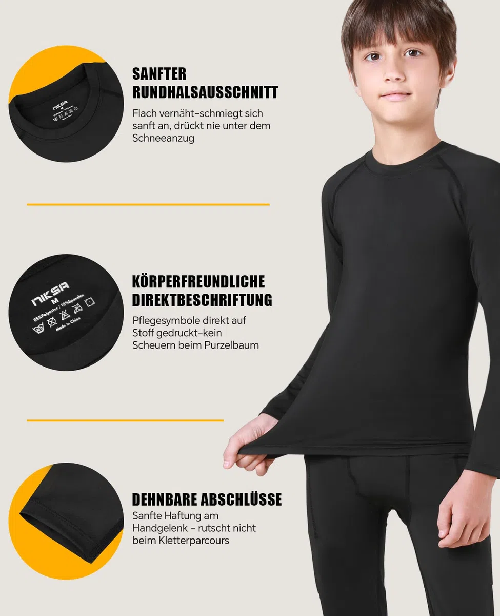 Niksa Thermounterwäsche Set für Jungen 5-12J - Extra Warme Ski & Sportunterwäsche, Hochatmungsaktiv als Basis für Fußball, Wandern & Radfahren,4 Jahreszeiten Funktionswäsche