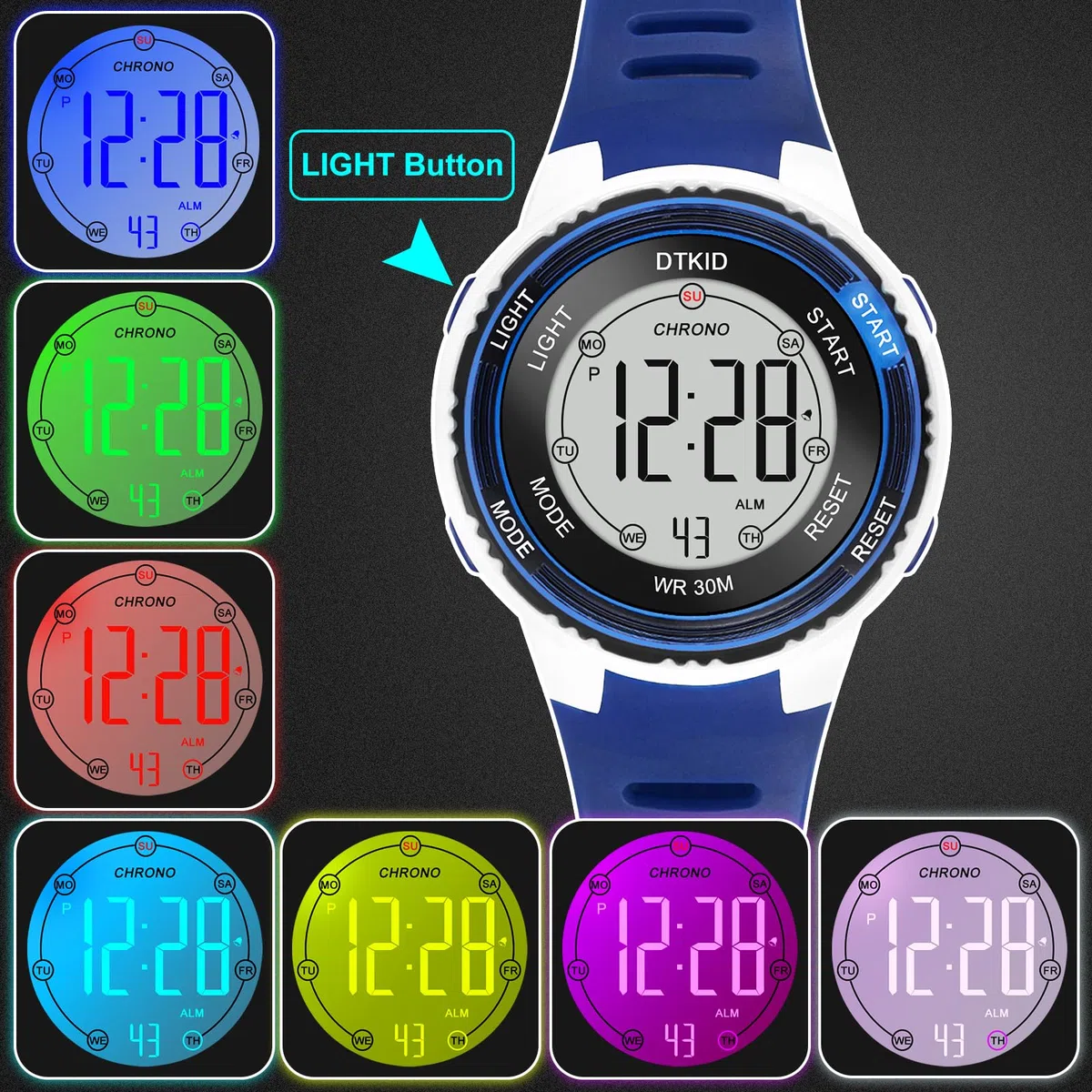 DTKID Digitale Kinderuhr Jungen Mädchen, 7-Farben-LED, Armbanduhr Kinder mit Wecker, Stoppuhr, Datum, 5 ATM wasserdichte Outdoor Sportuhr Kinder Uhren für Teenager
