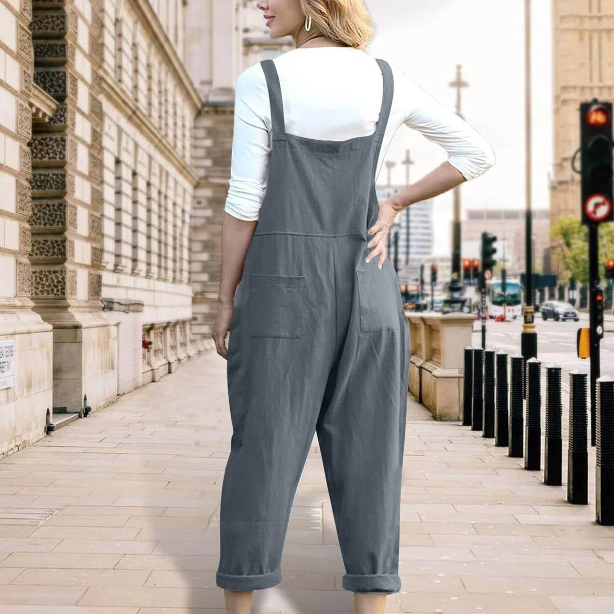 Latzhose Damen Baumwolle Leinen Jumpsuit mit Träger Oversize Sommer Ärmellos Overall Baggy Musselin Arbeitshose Leichter Sommerhose mit Mehreren Taschen Atmungsaktiver Einfarbig Bib Pants