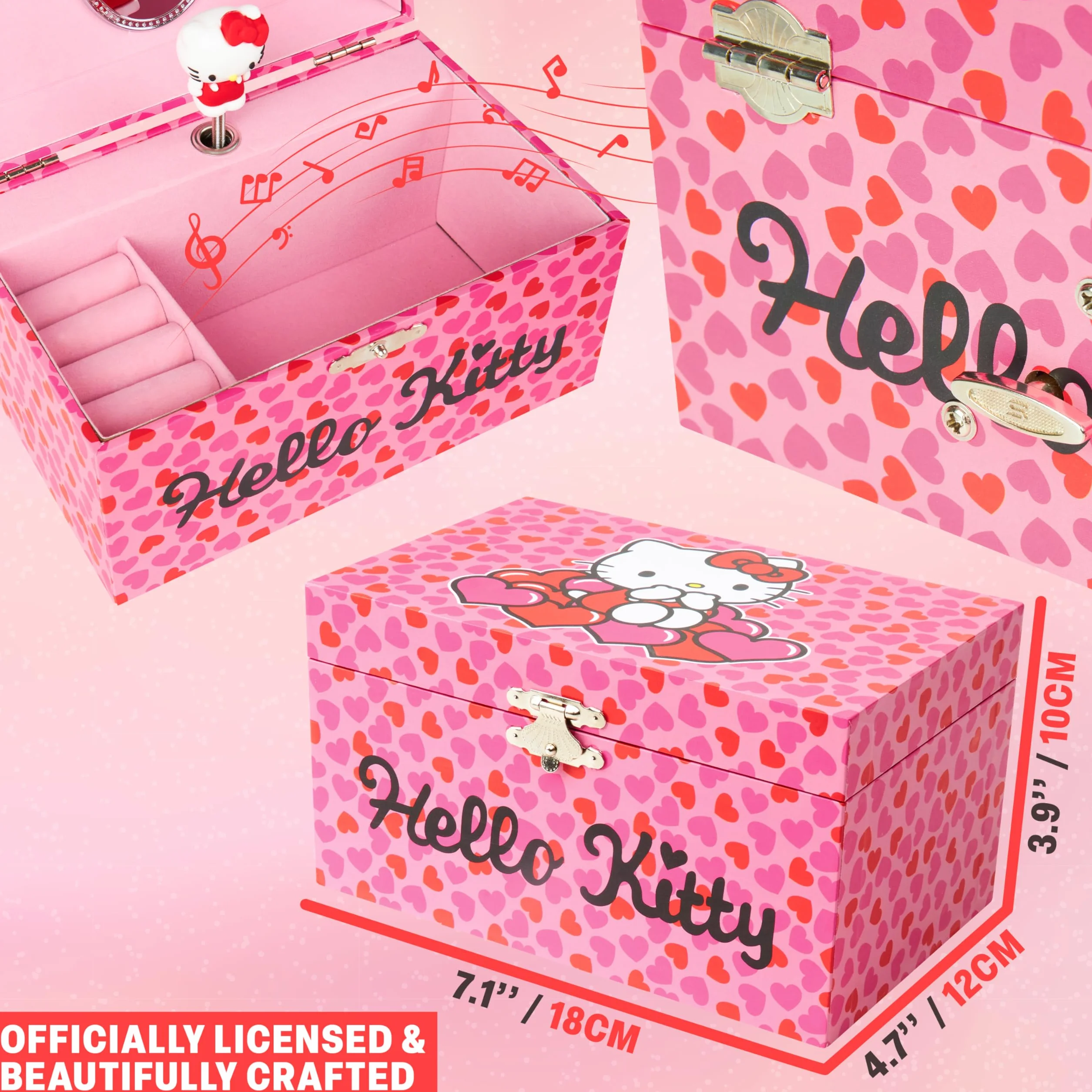 Hello Kitty Sanrio Schmuckkästchen Mädchen mit Spieluhr, Spiegel, Schmuckschatulle Kinder für Ringe, Ohrringe, Halskette, Geschenke für Mädchen (Rosa