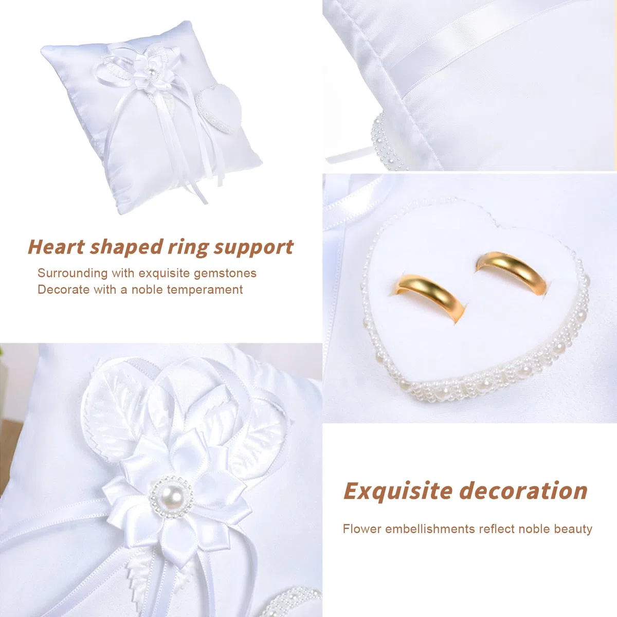 Ringkissen Hochzeit Ringhalter Kissen, Weiß Brautkissen Träger Ringschachtel 20x20cm Ringkästchen Ringschatulle mit Satinband und Simulation Perle (Ringkissen 1)