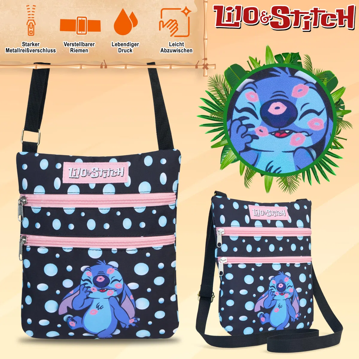 Disney Stitch Umhängetasche Mädchen & Teenager, Handtasche Mädchen mit verstellbarem Riemen, Crossbody Bag für Handy & Geldbörse, offiziell lizenziert
