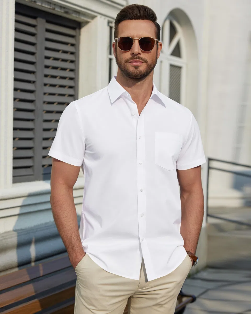 J.VER Hemd Herren Kurzarm Businesshemd Regular Fit Oberhemden mit Taschen für Hochzeit Festlich Arbeits