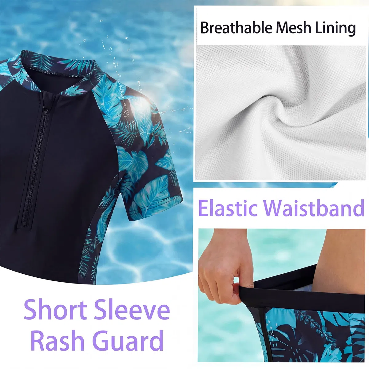 Badeanzug Mädchen Zweiteiliger Rashguard Set Kurzarm Schwimmanzug mit Soft-Pads Badeshirt & Badeshorts UV Sonnenschutz Zip Schwimmshirt Badebekleidung für Kinder 5-14 Jahre