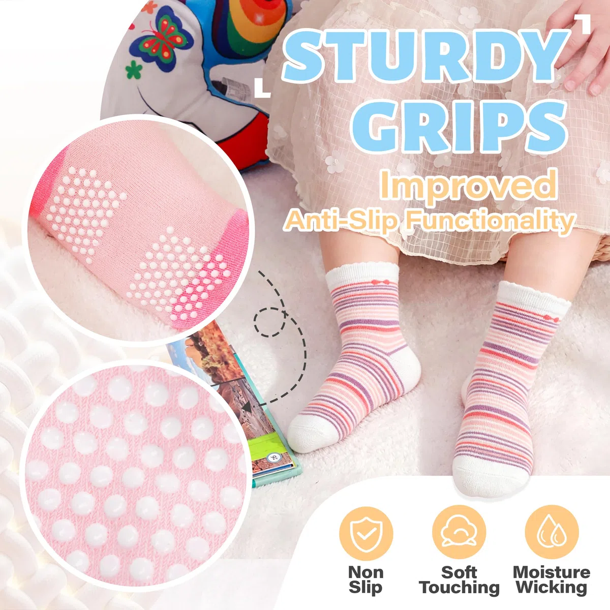 ANTSANG Stoppersocken Kinder Baby Mädchen Socken Anti Rutsch / Rutschfeste Socken Baumwolle Antirutschsocken für Kinder Mädchen Kleinkind 12 Paare