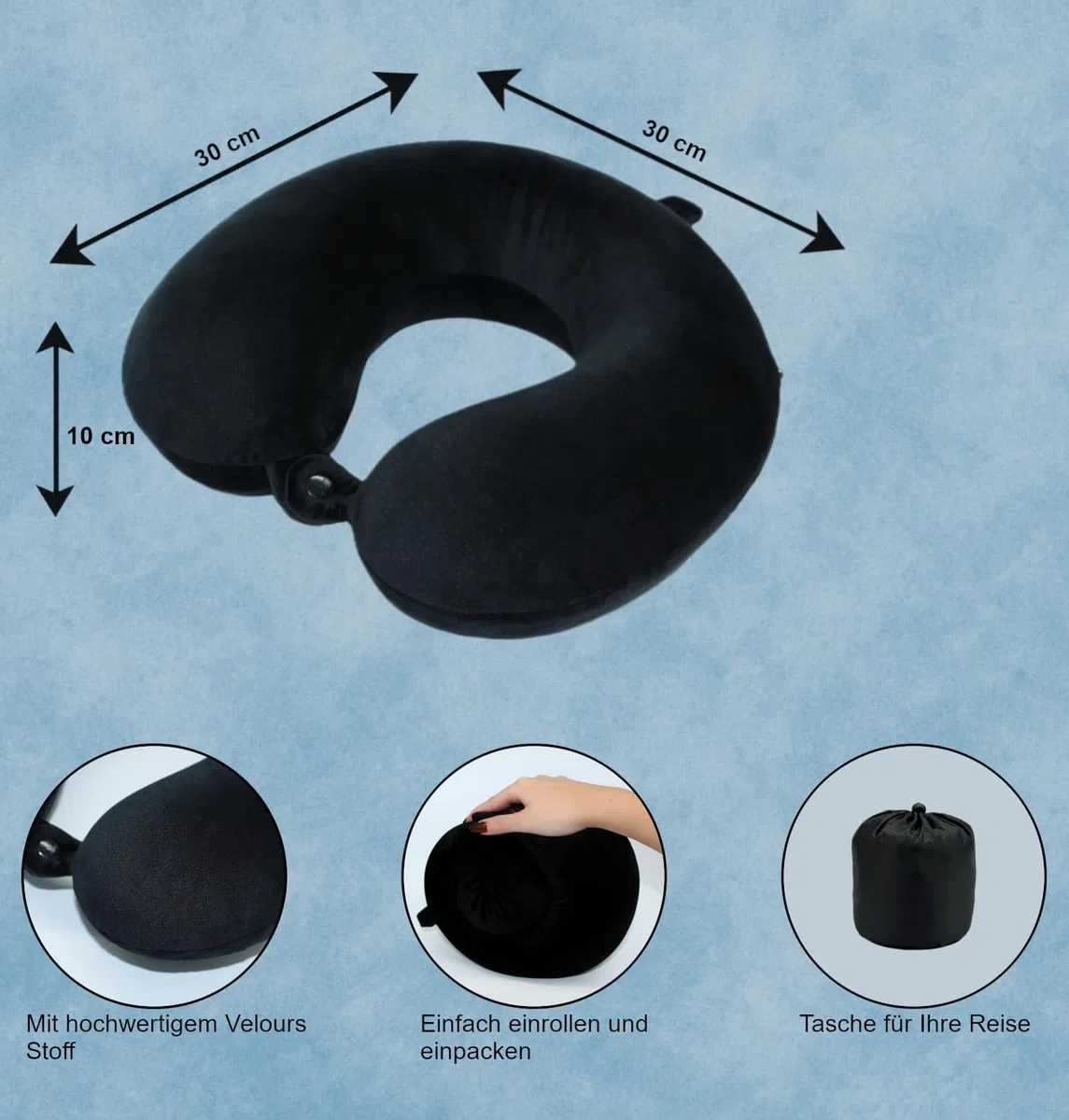 Reisekissen (Essentials) - 100% Memory Foam - U-förmiges Nackenkissen mit samtweichem Bezug - Nackenhörnchen - Ideal für Reisen, Flugzeug, Auto, Büro und Zuhause, waschbar (Schwarz)