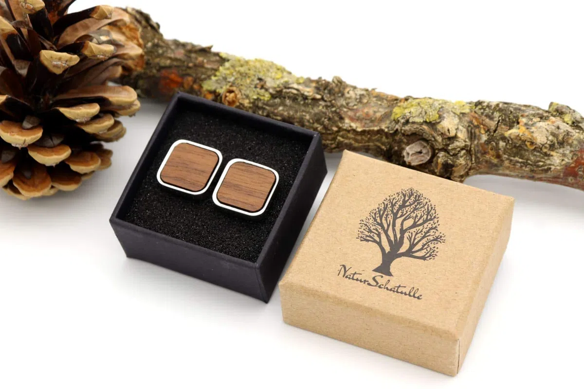 NaturSchatulle Manschettenknöpfe Herren Holz I 1 Paar Schwarze, Silber Manschettenknopf Eckig Hemd Hochzeit Anzug Männer Cufflinks for Men