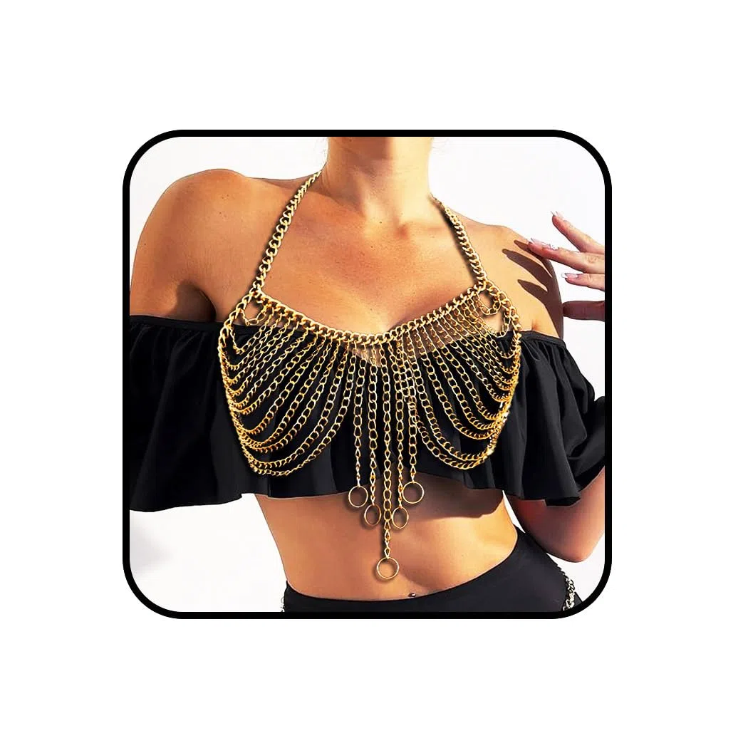 Sexy Körperkette BH Gold Quaste Brustketten Körperzubehör Rave Kette Strand Bikini Körperkette Schmuck für Frauen und Mädchen