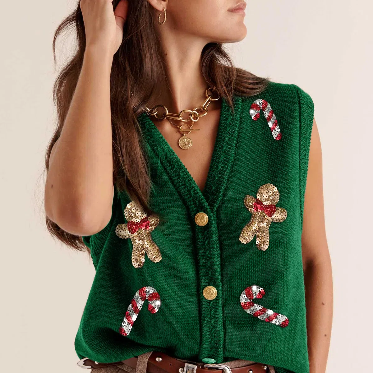 Damen-Weihnachtsweste, hässlicher Weihnachtspullover, Weste, Stickerei, Weihnachtsmann-Druck, ärmellos, Strickjacke, V-Ausschnitt, Weste, Weste, Weste, Weste, Weste, Weste