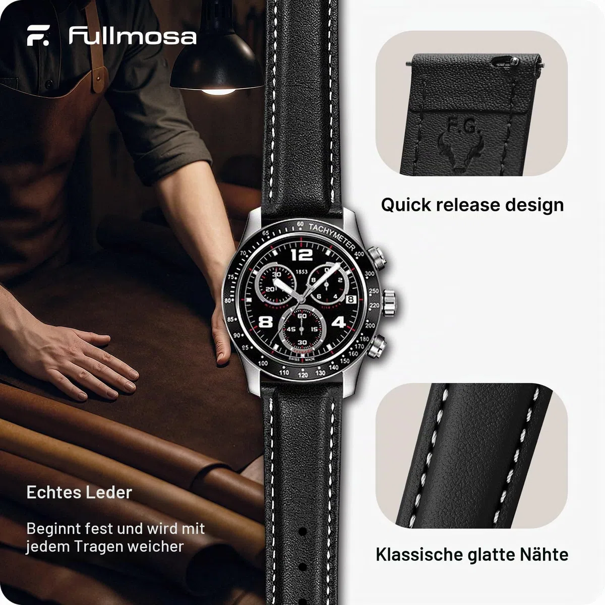 Fullmosa 12 Farben 22mm Uhrenarmband,12/14/16/18/19/20/24mm Vintage Lederarmband Ersatzrmbänder für Smartwatch und Universal-Uhr mit Edelstahl Schließe für Herren,22mm Uhrband Schwarz