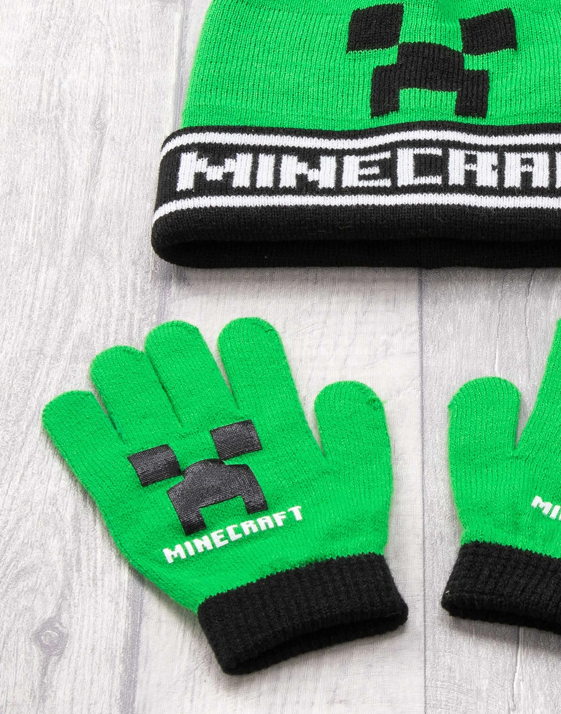 Minecraft Kids Bobble Hat Handschuhe Set Creeper gestrickte Beanie Gamer Geschen Einheitsgröße