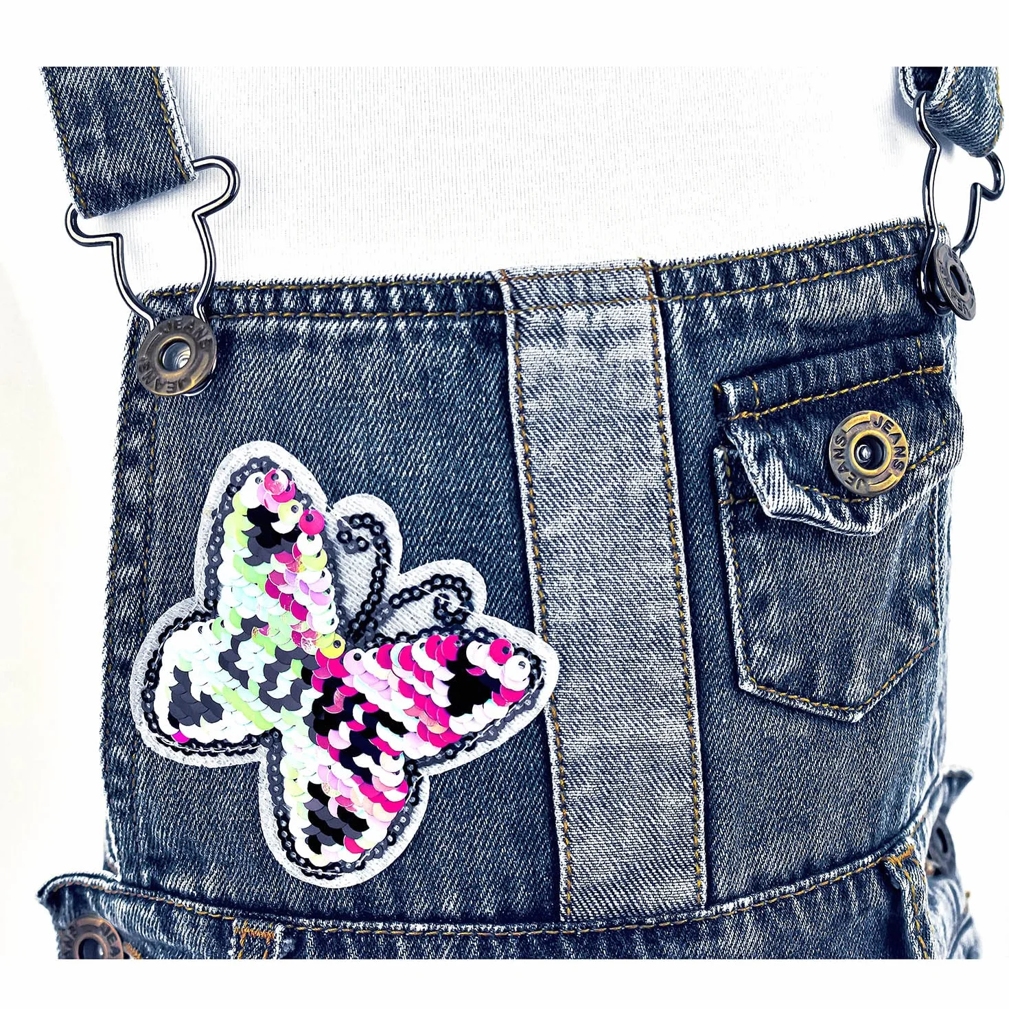 Peacolate 4-10 Jahre Kleines Groß Mädchen Latzhose Bestickte Pailletten Umdrehen Schmetterling Denim Kurze Jeans Overalls