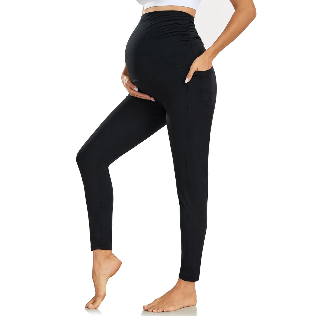 Umstandsleggings mit Taschen Hoher Bund Schwangerschaftsleggings Blickdichte Umstandshose Maternity Leggings für Schwangere Damen Umstandskleidung