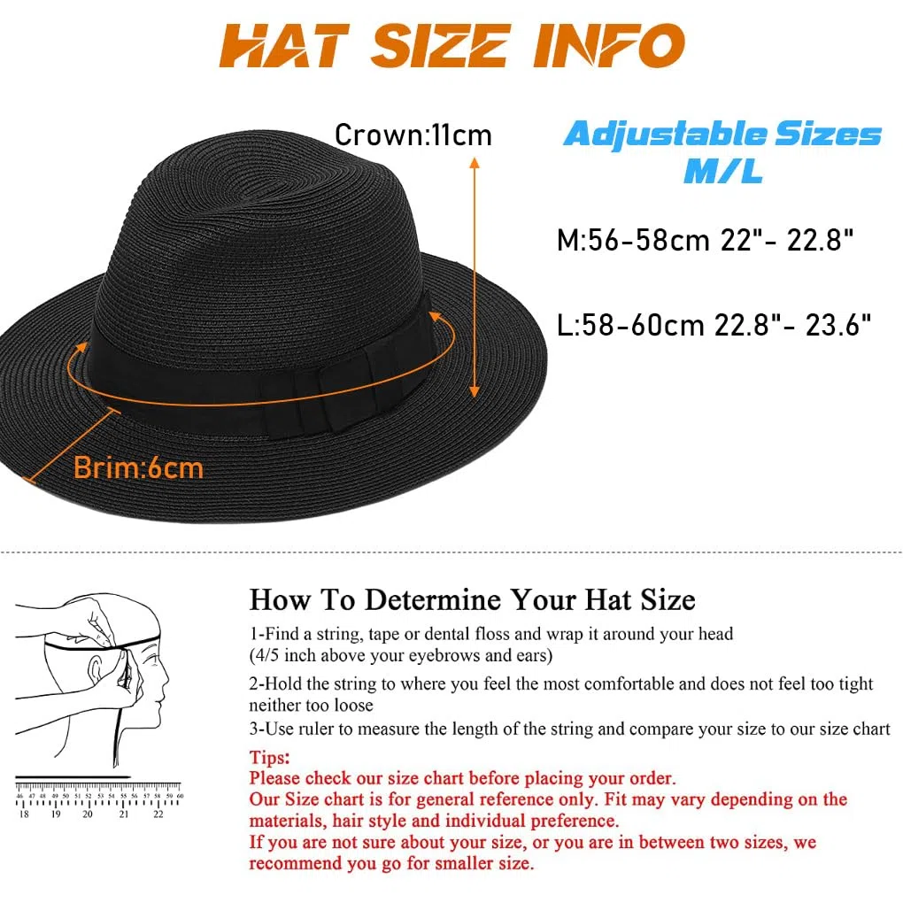 Ruphedy Strohhut Fedora für Damen, Sommer, breite Krempe, Panama-Strandhut, faltbar, UPF 50+