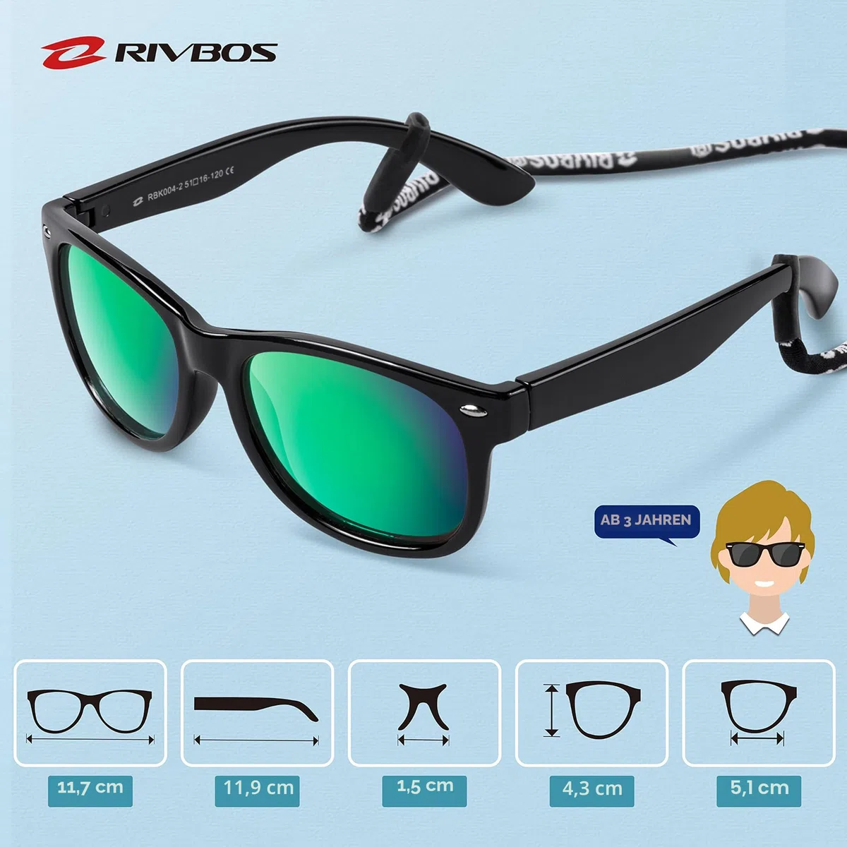 RIVBOS Kinder polarisierte Sonnenbrille mit Riemen Brillengläser Schattierungen für Jungen Mädchen und Kinder RBK004