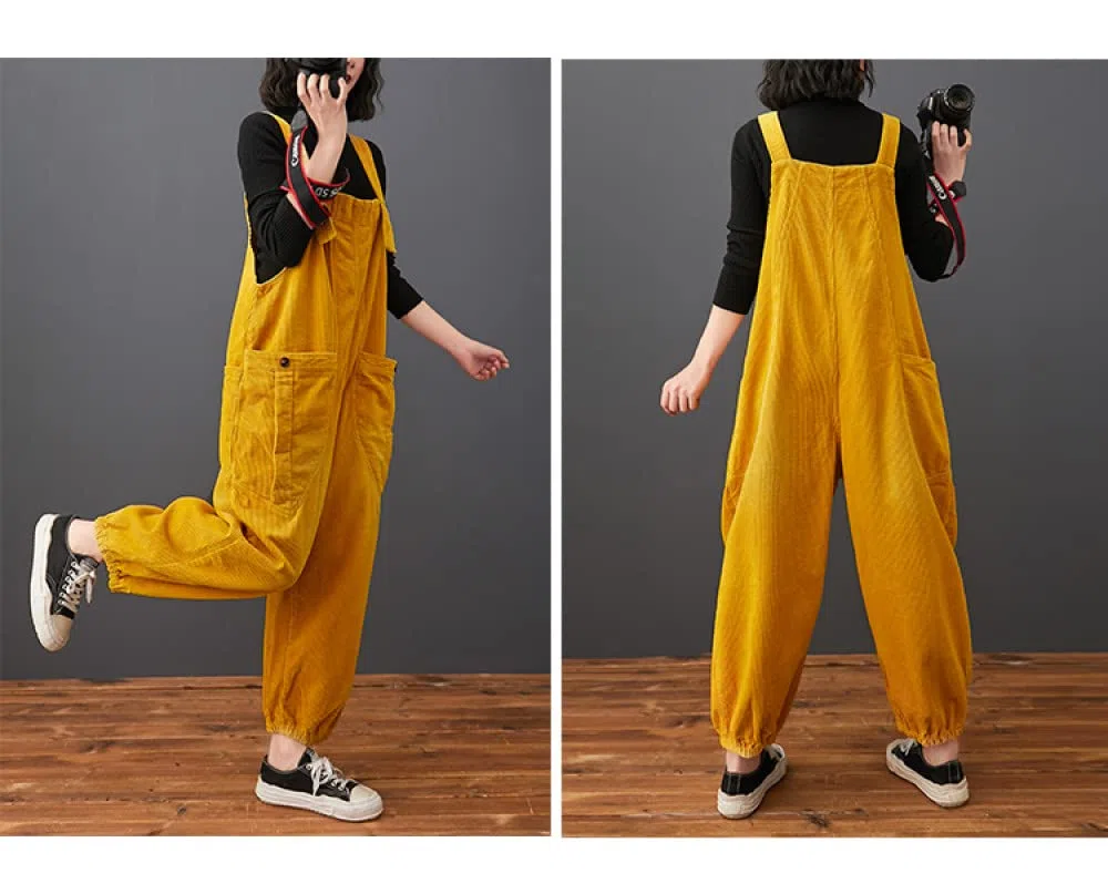 Damen Latzhose - Frauen Herbst Winter Gelb Cord Overalls Lose Plus Größe Strampler Tasche Breites Bein Overalls Für Outdoor Hosen Streetwear