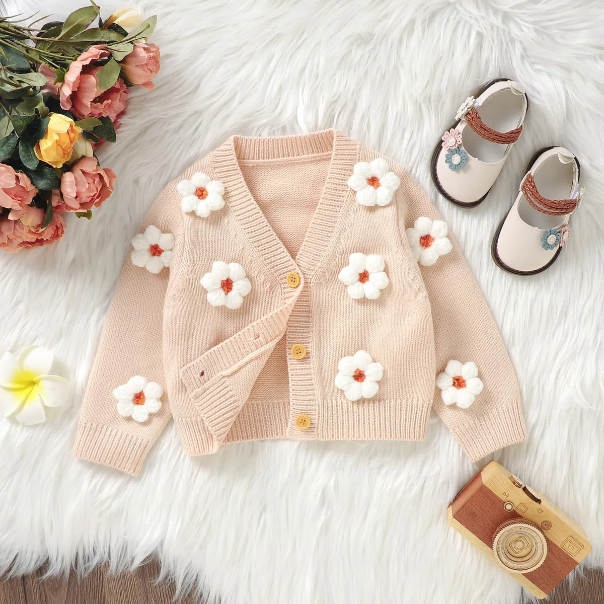 Qianderer Strickjacke für Babys, Kleinkinder, Mädchen, Blumenmuster, langärmelig, Pullover, Mäntel, Strickkleidung, warme Herbst-Winter-Outfits