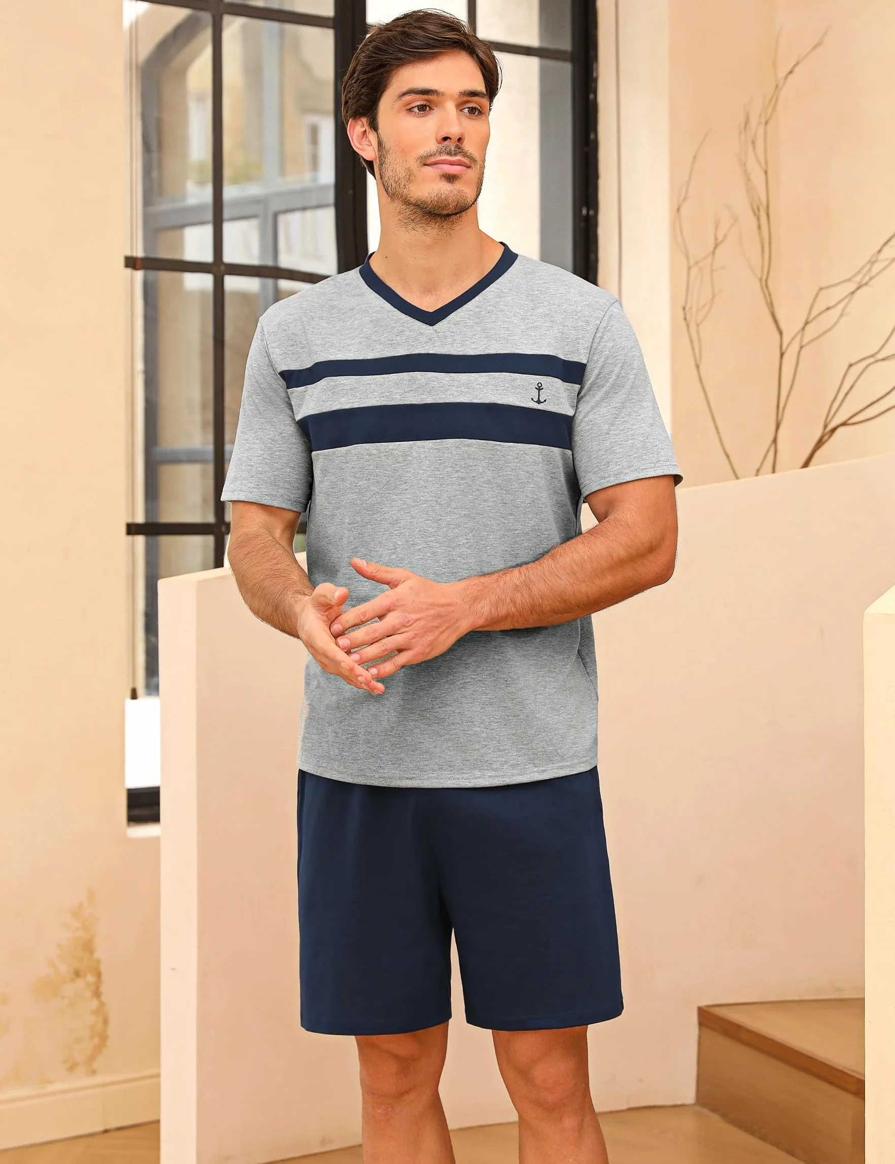 Nieery Schlafanzug Herren kurz Baumwolle Sommer Pyjama Set Kurzarm V-Ausschnitt T-Shirt und Shorty Schlafanzughose