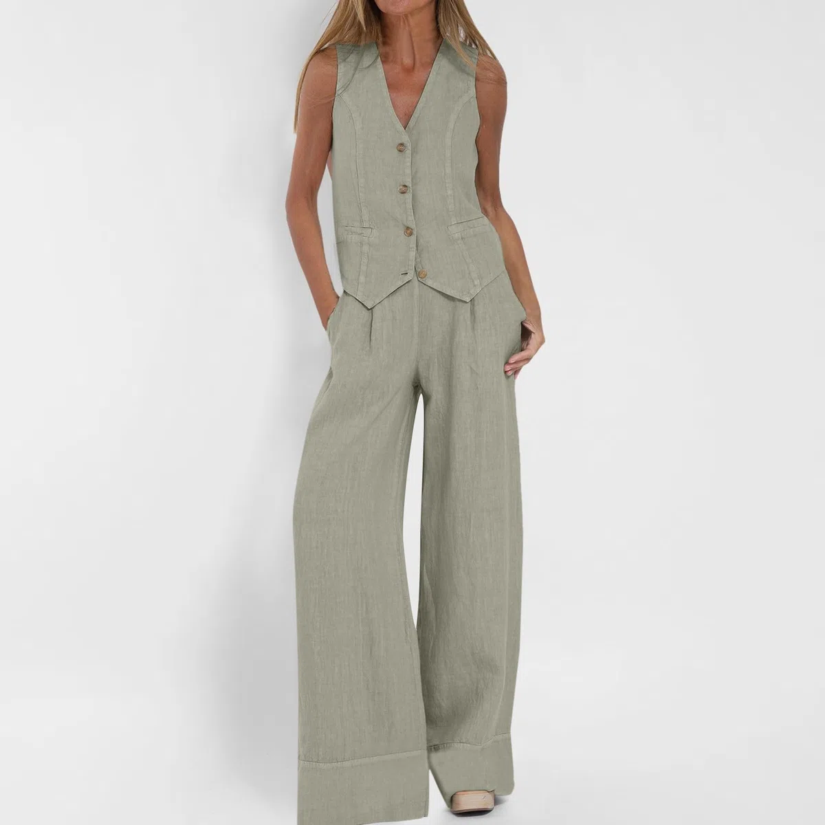 Hosenanzug Damen Elegant,Business Leinen Anzug 2 Teiler Set Ärmellos Blazer Weste und Hosen Hohe Taille Festlich Zweiteiler Damen Sommer Outfits Festlich Anzug Frauen Baumwolle Freizeitanzug