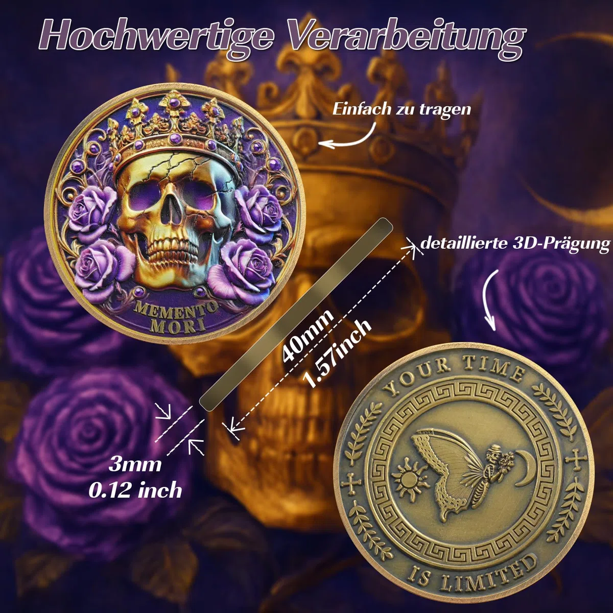 Memento Mori Gedenkmünze – Totenschädel, Schmetterling & Sanduhr Design – "Tempus Fugit" – Philosophie-Münze über Leben, Zeit und Tod