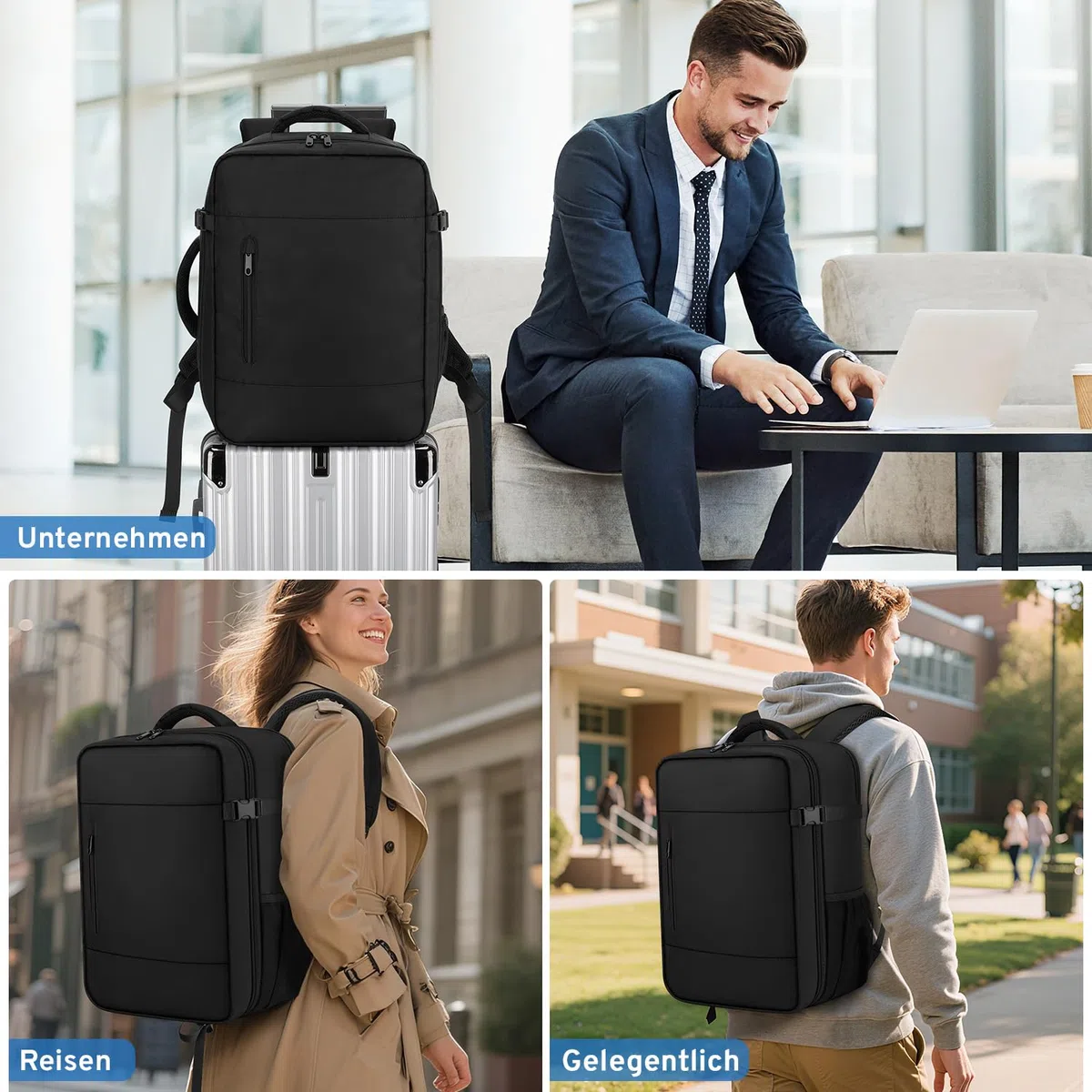 ZOMFELT Ryanair Handgepäck 40x30x20 Handgepäck Rucksack, 24L Reiserucksack Handgepäck Flugzeug für Flugzeug, Wasserdichter Laptoprucksack für 15.6 Zoll Laptop Herren Damen Schwarz