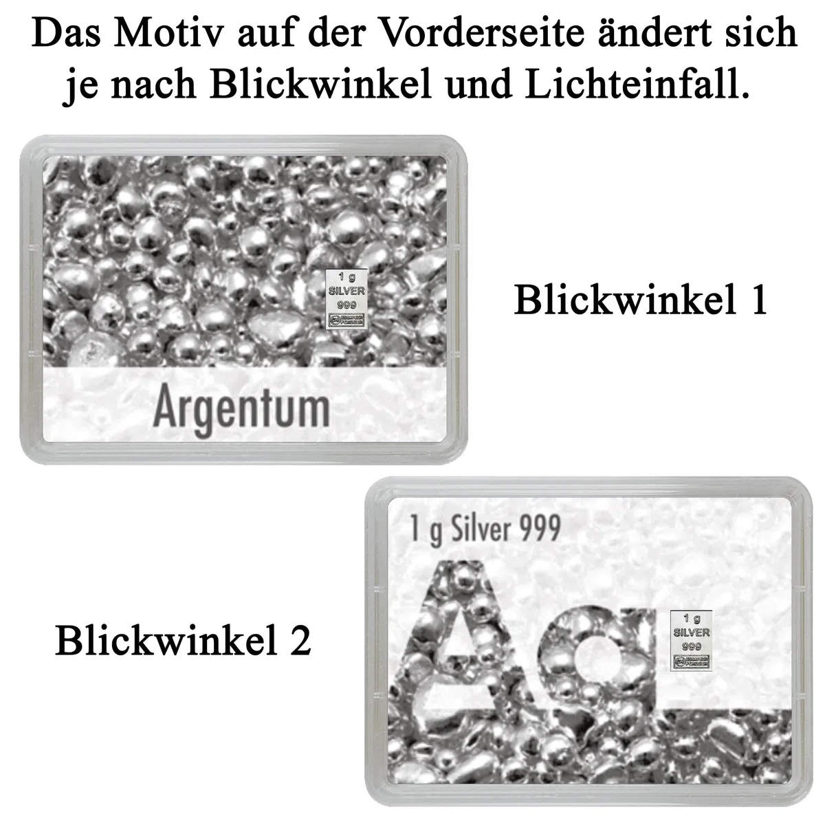 1g Silberbarren in Flip-Motivbox „Argentum“ von Silberstücke24 – Feinsilber 999 CombiBar – Wackelbild-Design – Geschenkfertig
