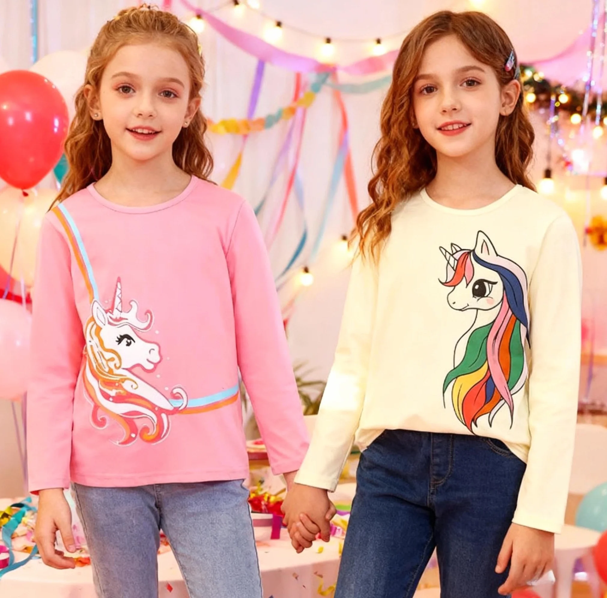 Langarmshirt Mädchen Baumwolle Longsleeve Kinder Mädchen Einhorn Häschen Rundhals Langarm Tops 2er Pack für Kinder 3-8 Jahre Größe 98 104 110 116 122 128