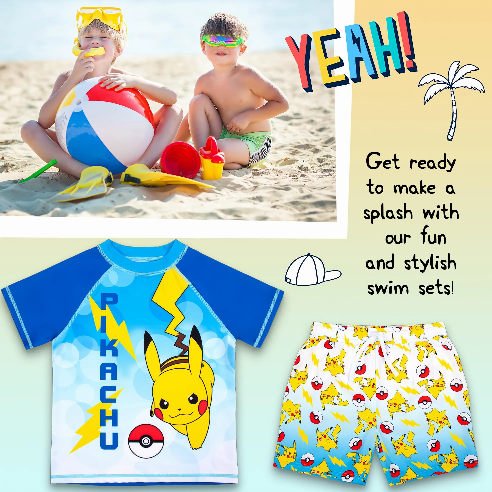 Pokémon-Badeset für Jungen, 2-teilige Badeshorts und T-Shirt, UV-Sonnenschutz-Badeanzug für Jungen im Alter von 5–12 Jahren